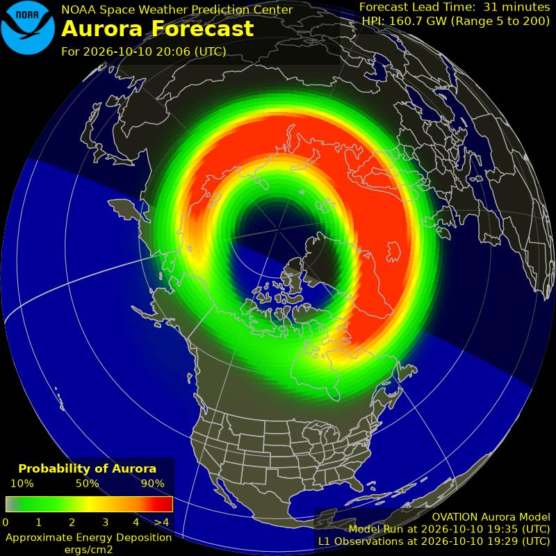 NOAA OVATION aurora forecast for 20:06 UTC on 10 October 2026, showing a broad, intense red and green auroral oval stretching over Scandinavia, Iceland, southern Greenland and Canada, with hemispheric power of 160.7 GW
