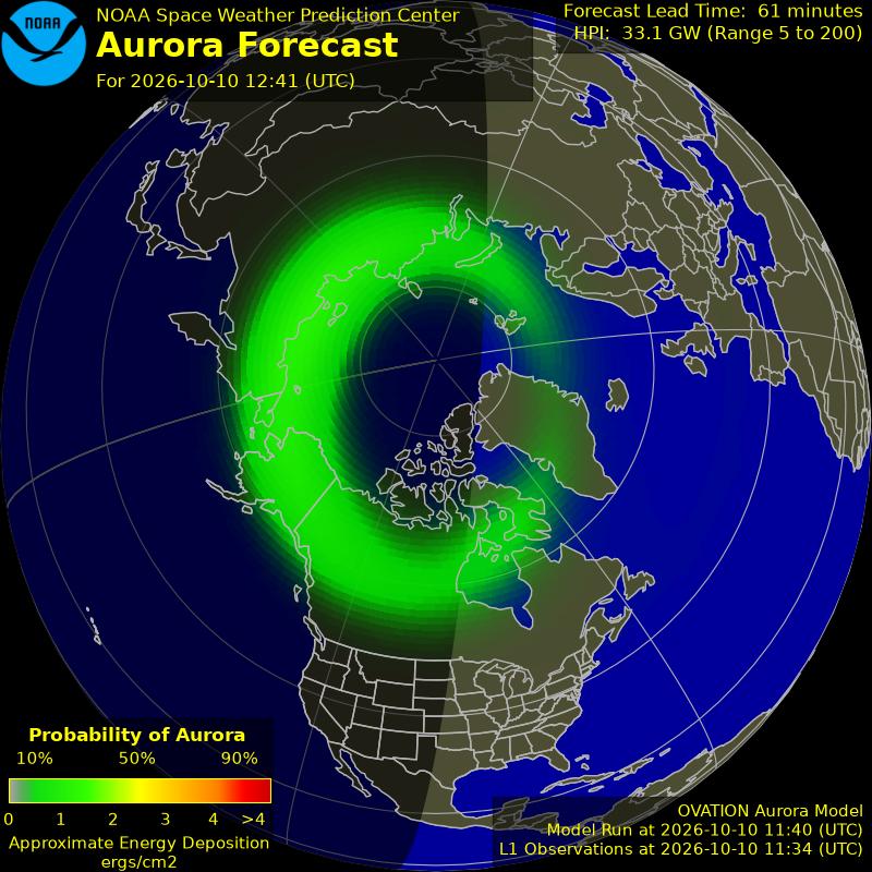 NOAA OVATION aurora forecast map for the Northern Hemisphere on 10 October 2026, showing the auroral oval over Alaska, Canada and northern Scandinavia