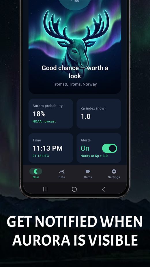 The Moose home screen showing a visibility score, aurora probability, Kp index and alerts switched on