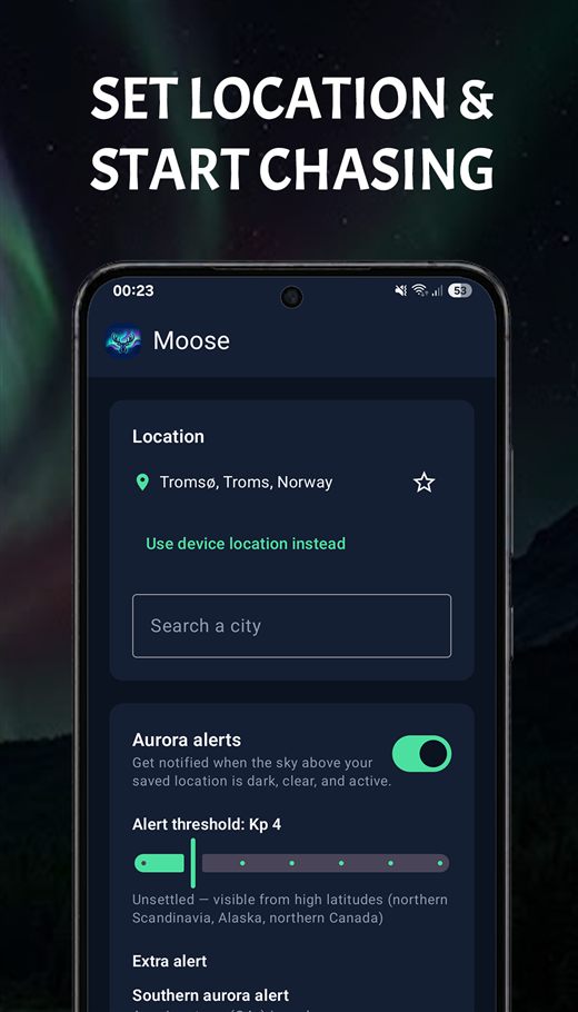 The Moose settings screen with the alert threshold slider set to Kp 4 and extra alert options